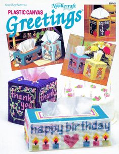 an advertisement for plastic canvass greetings with pictures of boxes and gifts on them