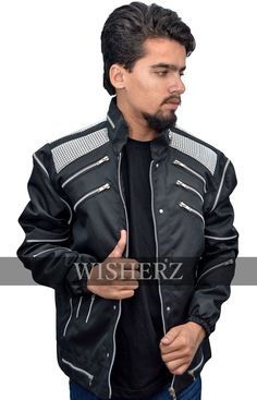 Michael Jackson Beat it Black Cordura Jacket       Wisherz Michael Jackson Beat it Black Cordura Jacket, All Sizes (XXS-5XL) This jacket is inspired by the song "Beat It" and is worn by Michael Jackson in this song. Jacket Features: Jacket Size - (Please Select Proper Jacket Size or Message us ) Cordura Fabric Y2KK Zipper closure Artificial Mesh On Shoulders Pockets: TWO waist pockets , and two inside pocket Inside Viscose Lining IMPORTANT NOTE: We have detailed Measurement/Size chart available Fitted Black Biker Jacket For Concert, Black Winter Biker Jacket For Concert, Alternative Black Outerwear For Concerts, Alternative Style Black Outerwear For Concerts, Winter Concert Fitted Outerwear, Black Hip Hop Outerwear For Spring, Black Long Sleeve Outerwear For Concerts, Black Rocker Outerwear For Streetwear, Black Rocker Style Streetwear Outerwear