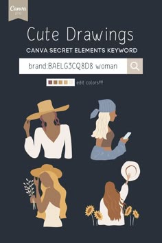 Canva Pro keywords for cute drawings in Canva elements! Find secret design elements in Canva Pro. You can change colors of these elements in Canva. Simply search the secret codes for aesthetic illustrations and scroll through these and even more beautiful elements. Code is: brand:BAELG3CQ8D8 woman Canva Secret Code, Canva Codes Elements, Canva Pro Elements, Canva Hacks