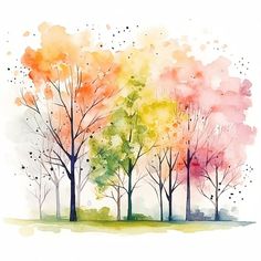 watercolor trees are painted in different colors