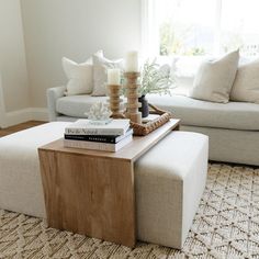 a living room with two couches and a coffee table in front of the window