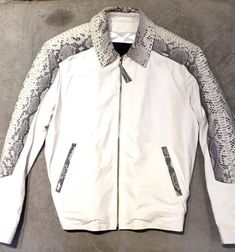 G-Gator White Python/Lamb Skin Blouson JacketSkin:Python/Lamb SkinStyle:Blouson JacketColor: White Luxury White Leather Jacket With Long Sleeves, Skin Jean, White Python, Blouson Jacket, Python, Puma Jacket, Nike Jacket, Jean Jacket, Athletic Jacket