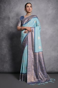 Tussar Silk Cyan Color Zari Weaving Border Work Saree Border Work Saree, Blue Work Blouse, Cyan Color, Classic Saree, Cyan Colour, South Silk Sarees, Raw Silk Saree, Buy Sarees Online, Blue Saree