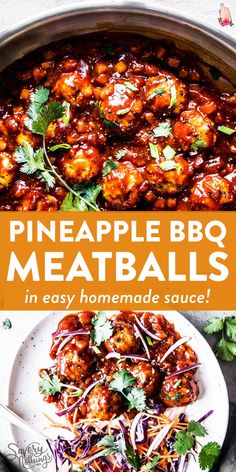 pineapple bbq meatballs in an easy homemade sauce with shredded carrots and cilantro