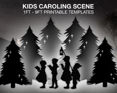 silhouettes of children standing in front of trees with the words kids's caroling scene