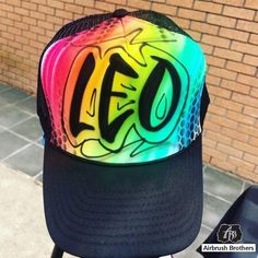 airbrush custom spray paint Airbrush Hat Graffiti Bubble Design shirts hats shoes outfit graffiti 90s 80s design t-shirts Airbrush Brothers Hats Rainbow Hat, Airbrush Tattoo, Rainbow Hats, Painted Hats, Hat Design, Airbrush Art