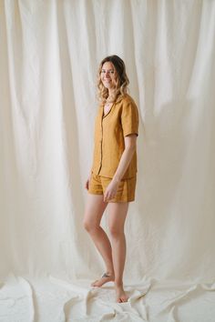 "Lima pyjamas, Linen pyjamas, Linen PJ's, Women pyjamas, Linen summer set, Linen sleepwear, Home wear, Linen shorts, Yellow linen top women -----------We do make custom made clothes. Just let us know your measurements ------------------- * Name: Lima pyjamas * Handmade * Colour: MUSTARD * 100 % washed & softened Lithuanian linen * 205 g/m2 * Set of blouse and shorts The model is 178 cm height and is wearing size M (usually wears size S). Choose your size (your body measurements) : Size XS: S Summer Sleep Sets In Short Length, Summer Sleep Sets With Short Length, Summer Pajama Party Short Set, Relaxed Fit Pajama Shorts For Summer Pajama Party, Summer Bedtime Short Set With Short Sleeves, Summer Loungewear Short Set, Summer Short Set Loungewear, Summer Sleepwear For Pajama Party In Short Length, Summer Short Sleepwear For Pajama Party