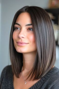 Lob With Center Part Hairstyle on smiling woman with straight dark brown hair. Bobs Shoulder Length, One Length Thick Hair, Lob Haircut Celebrities, Long Bob Haircuts Dark Brown, Dark Lob Haircut Straight, Jlo Haircuts, Medium Bob Hairstyles Dark Hair, Straight Across Short Haircut, Long Bob For Straight Fine Hair