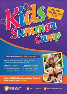 the kids summer camp flyer is shown