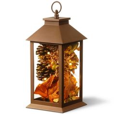 a lighted lantern with pine cones and leaves