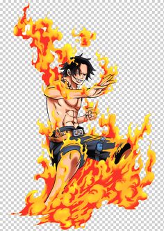 an anime character with fire and flames on his body, running through the air in front of