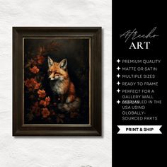 a painting with the words art on it and an image of a fox sitting next to flowers