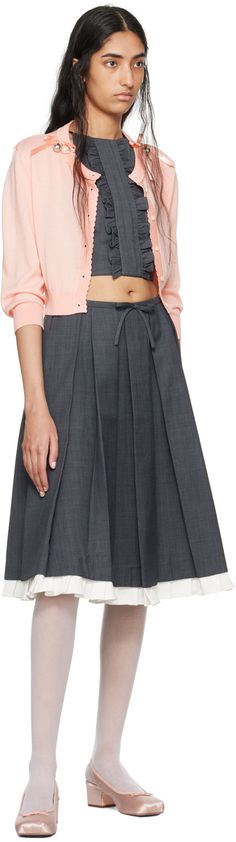 Polyester- and wool-blend delaine skirt. Box pleats throughout. · Bow accent at front waistband · Pleated stretch twill trim at hem · Concealed zip closure at side · Bonded jersey lining Supplier color: Gray Elegant Wool Pleated Skirt For Work, Wool Midi Skirt For Workwear, Fitted Belted Pleated Skirt For Work, Fall Workwear Belted Pleated Skirt, Chic Wool Pleated Skirt Bottoms, Chic Wool Pleated Skirt, Spring Formal Wool Skirt, Formal Wool Skirt For Spring, Formal Spring Wool Skirt