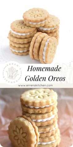 homemade golden oreos are stacked on top of each other with white frosting in the middle