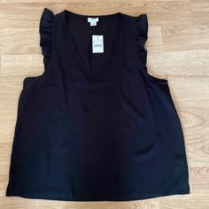 Sleek And Lightweight Blouse From J. Crew. Ruffled At Shoulder. V-Neck. Chest: 20” Length: 25” Size: 14 New With Tags V-neck Vest Top For Work, V-neck Vest Top For Workwear, V-neck Top For Night Out, V-neck Blouse With Vest For Work, Black Tank Blouse For Workwear, Chic V-neck Blouse, Vest Top With V-neck For Night Out, Casual Sleeveless V-neck Top For Work, Womens Peplum Tops