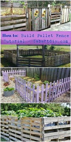 several different types of wooden pallets with plants growing in them and the words how to build pallet fence