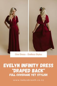 a woman in a long red dress with the words evelyn infinitely dressed'dropped back full coverage yet stylish