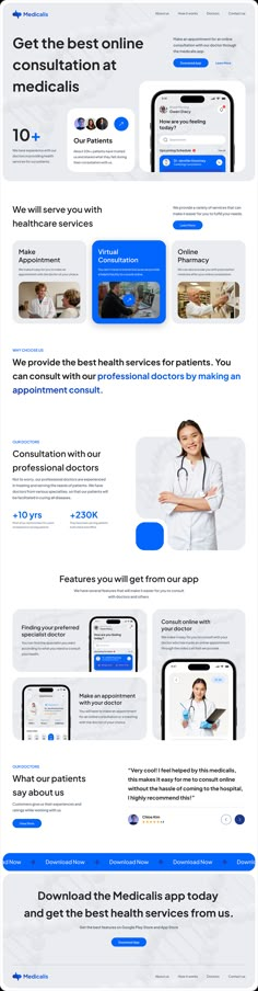 the web page for medical services is shown in blue and white colors, with an image of