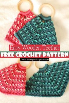 three crochet teeth are shown with the text, easy wooden teeth free crochet pattern