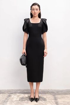 Elena Pencil Short Sleeved Polycotton Midi Dress | MEAN BLVD Square Neck Midi Dress For Office In Summer, Formal Puff Sleeve Midi Dress, Chic Fitted Short Sleeve Midi Dress, Party Midi Dress With Pleated Short Sleeves, Elegant Summer Puff Sleeve Dress For Office, Chic Fitted Midi Length Short Sleeve Dress, Solid Color Knee-length Puff Sleeve Formal Dress, Knee-length Puff Sleeve Dress For Office In Summer, Puff Sleeve Dress With Short Sleeves For Evening