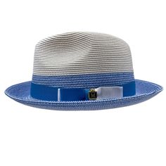 Elevate your style with our Urbaneer Collection's Carolina Royal Two-Tone Braided Stingy Brim Pinch Fedora Hat. Crafted with a matching grosgrain ribbon, this hat features a pinch crown adorned with a Montique pin. The unlined design offers breathability, while the 2" brim adds a sleek touch. Available in XL for an additional $5. Made from a durable polyester blend for lasting quality and comfort. Two Tone design Pinch Crown Montique Pin Grosgrain Ribbon detail Unlined Fedora for breathability B Fitted Panama Hat For Spring Formal Occasions, Formal Fitted Panama Hat For Spring, Fitted Fedora For Formal Summer Occasions, Blue Straw Hat With Short Brim, Fitted Blue Straw Hat With Short Brim, Fitted Formal Hats For Summer, Fitted Flat Bill Hats For Summer, Fitted Flat Bill Hat For Summer, Blue Fitted Casual Fedora