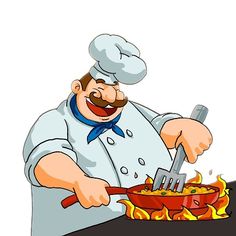 a cartoon chef is cooking on the grill with flames coming out of his pan and holding a spatula