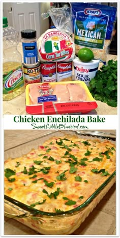 an image of chicken enchilada bake with ingredients in the background and on the table