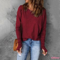 Qteee - Womens Longer Length Solid Color Base Layer Shirt with Extended Hemline, Long Sleeves, Casual Loose Fit Top Layer Shirt, Batwing Sleeve Blouse, Sleeve Stencil, Loose Top, Loose Fitting Tops, Chiffon Long Sleeve, Long Sleeve Short Dress, Loose Tops, Red Blouses