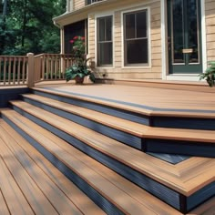 a wooden deck with steps leading up to it