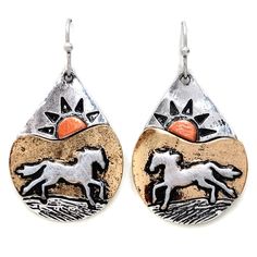 These dangle earrings offer a unique blend of Western and Aztec-inspired design, making them a striking yet elegant look! 2.25" Intricate Aztec-inspired design featuring horse motifs Available in turquoise or silver Perfect for equestrian and Southwestern fashion lovers 100% of the profits from your purchase are donated to help the girls, women, and horses at the Bridle Up Hope charity! Cheap Southwestern Teardrop Earrings, Western Style Dangle Earrings For Pierced Ears, Metal Horse Design Jewelry Gift, Nickel-free Western Style Earrings, Nickel-free Adjustable Western Earrings, Adjustable Nickel-free Western Earrings, Western Metal Jewelry Nickel Free, Nickel-free Western Metal Jewelry, Nickel-free Metal Western Jewelry