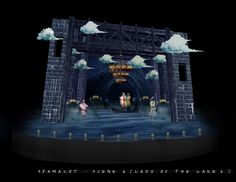 an animated stage set with clouds and people