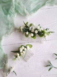 This Greenery Set 2 Hair Comb, a beautiful and delicate  hair accessory for brides and a nice gift to the bridesmaids On the wedding day, every bride wants to look fantastic. This delicate flower comb  will be a magical addition to your look on your happiest day.  This will emphasize the ease of your image.  The comb is very conveniently attached to the hair and fits in with any hairstyle.  -Material- artificial flowers and artificial greenery  -Colors- white and green - Size small comb - 3,2 inches (8 cm)(compositions)            big comb - 5,1 inches (13 cm) - Unique handmade.  Wedding - is one of the most important events in the life of any girl and it is the perfect accessory for a green wedding You deserve the best! Floral Hair Comb Wedding, Floral Hair Piece Wedding, Flower Garland Hair, Zelda Wedding, Bridal Hair Pieces Flower, Flower Crown Bride, Bridal Floral Crown, Flower Crown Bridesmaid, Bridal Floral Headpiece