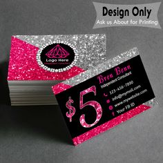 a business card with pink glitter and black numbers on the front, which reads design only