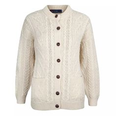 Introducing Our Women's Lumber Cardigan - a luxurious addition to your trans-seasonal wardrobe, meticulously crafted with 100% British wool sourced from sheep roaming the picturesque Pennine Hills. This cardigan is designed to infuse both style and comfort into your outfit, providing a versatile layer for day-wear and a smart finishing touch. Immerse yourself in the warmth and softness of pure British wool as you slip into the Lumber Cardigan. Its thoughtful design ensures that you not only look Classic Wool Cable Knit Sweater Coat, Classic Merino Wool Cable Knit Cardigan, Classic Knitted Merino Wool Cardigan, Classic Merino Wool Cable Knit Sweater Coat, Classic Cream Sweater For Fall, Classic Cream Merino Wool Cardigan, Classic White Merino Wool Cardigan, Classic Wool Cardigan With Textured Knit, Cable Knit Merino Wool Cardigan