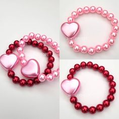 Beaded Pearl Bracelets, Bracelets Red, Bracelets Pink, Statement Bracelets, Heart Bracelets, Red Beaded Bracelet, Chunky Pearls, Sweet Necklace, Pearl Bracelets