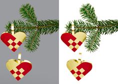 two christmas ornaments hanging from the branches of a pine tree, one with a heart shaped ornament on it