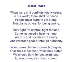 a poem written in blue and white with the words world peace on top of it