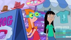 two cartoon characters standing in front of a store