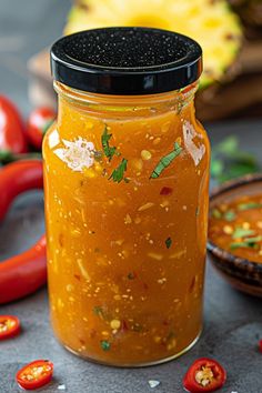 a glass jar filled with food sitting on top of a table next to red peppers