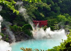 the blue water is surrounded by trees and steam from it's cooling vents in the air