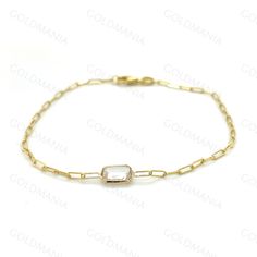 "All Our Bracelets Are Made Of REAL 14K GOLD 14K Yellow Gold White Topaz Paperclip Link Chain Bracelet with Lobster Clasp, 7\" Inch, Real Gold Bracelet, Birthstone Bracelet, Women Shop our 14K Bracelets https://www.etsy.com/shop/GOLDMANIA?ref=seller-platform-mcnav§ion_id=26925987 Shop On Sale items https://www.etsy.com/shop/GOLDMANIA?ref=seller-platform-mcnav§ion_id=1 Metal: 14K Yellow Gold   Width: 1.5 MM  Length: 7 IN  Closure: Lobster claw Gemstone type: White Topaz Gemstone shape: Baguette G White Diamond Bracelet With Gemstone For Gift, Gold Gemstone Chain Bracelet In 14k Gold, Fine Jewelry Gold Chain Bracelet With Gemstone, Gift White Chain Bracelet With Solid Link Construction, White Chain Bracelet With Solid Links As Gift, Gold Diamond Bracelet With Gemstone, Formal 14k Gold Chain Bracelet With Gemstones, Formal Yellow Gold Chain Bracelet With Gemstone, Formal Gold Gemstone Chain Bracelet