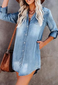 Cheap Knee-length Denim Dress For Fall, Loose Denim Dress, Chic Style Outfits, Casual Denim Dress, Long Sleeve Denim Dress, Trendy Work Outfit, Outfits For Spring, Blue Jean Dress, Jean Dress