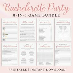 the bachelor party game bundle is shown in pink and white with gold lettering on it