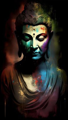 a buddha statue with colorful paint splattered on it