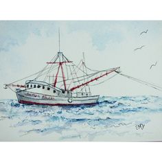 a drawing of a fishing boat in the ocean