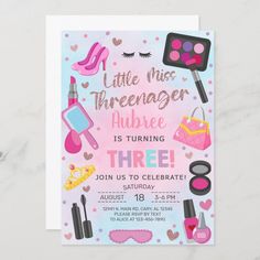 Little Miss Threenager girl 3rd, third birthday invitation. Threenager girl spa, makeup 3rd birthday party invite. Size is 5x7. For other matching items or for custom orders, please contact me. Thank you! 3nager Birthday Party Ideas, Threenager Birthday Party Invitation, 3nager Birthday Party, Threenager Cookies, 3 Year Girl Birthday Theme, Three-nager Birthday Party, 3rd Birthday Ideas For A Girl, Threenager Invitation, 3rd Bday Party Ideas For Girl