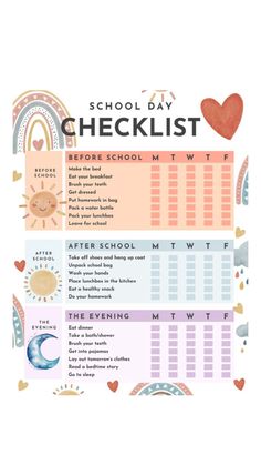 the school day checklist is shown with hearts