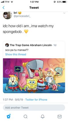 an image of someones tweet about their favorite cartoon character, spongebob