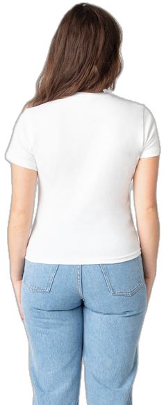 90s Style Stretch Crew Neck T-shirt, White Fitted 90s Style Tops, 90s Style White Stretch Tops, 90s White Stretch Tops, White Stretch 90s Tops, Fitted White Graphic Tee, 90s Style Stretch T-shirt With Short Sleeves, White Dtg Printed 90s Tops, Fitted Crew Neck Pre-shrunk T-shirt