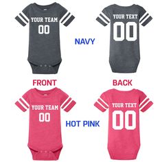 FRONT and BACK CUSTOMIZED FOOTBALL TEE SHIRT - FAN JERSEY Please Let Us Know Your Front and Back Custom Clearly When you place your order, Leave a CUSTOMER NOTE about customization. Exp: Front Text: TEAM A Front Number: 25 Back Text: JOHN Back Number: 25 If you have any other customization idea, please share with us by email. We are available to do any customization. Now the youngest fan is ready to cheer on the team. Designed with contrasting sleeve stripes and coverstitched yoke, this bodysuit Casual Onesie With Letter Print For Game Day, White Sports Onesie With Letter Print, Varsity Tops With Name Print For Team Events, Sporty Onesie With Letter Print For Sports, Casual Cotton Onesie For Sports Events, Pink Team Name Tops For Team Events, Pink Tops With Team Name For Team Events, Varsity Letter Print Tops For Team Events, Varsity Tops With Letter Print For Team Events